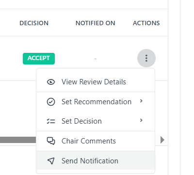 Actions menu – Send Notification for a single paper
