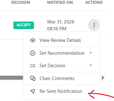Re-Send Notification option in the Actions menu