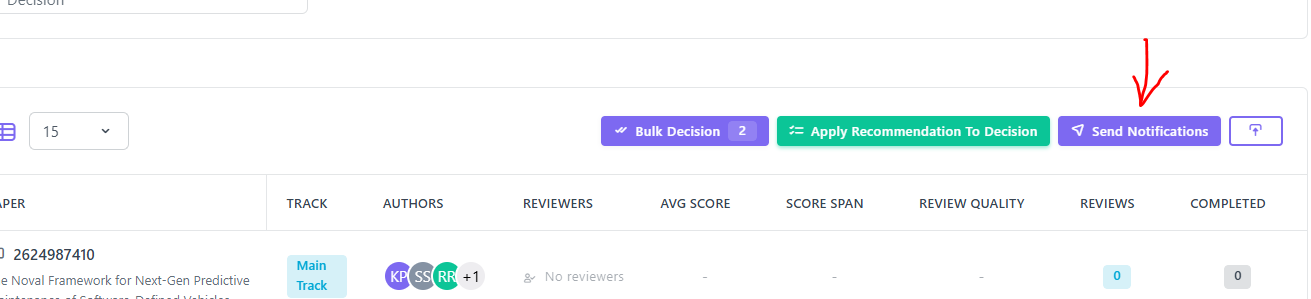 Send Notifications button at the top of the table