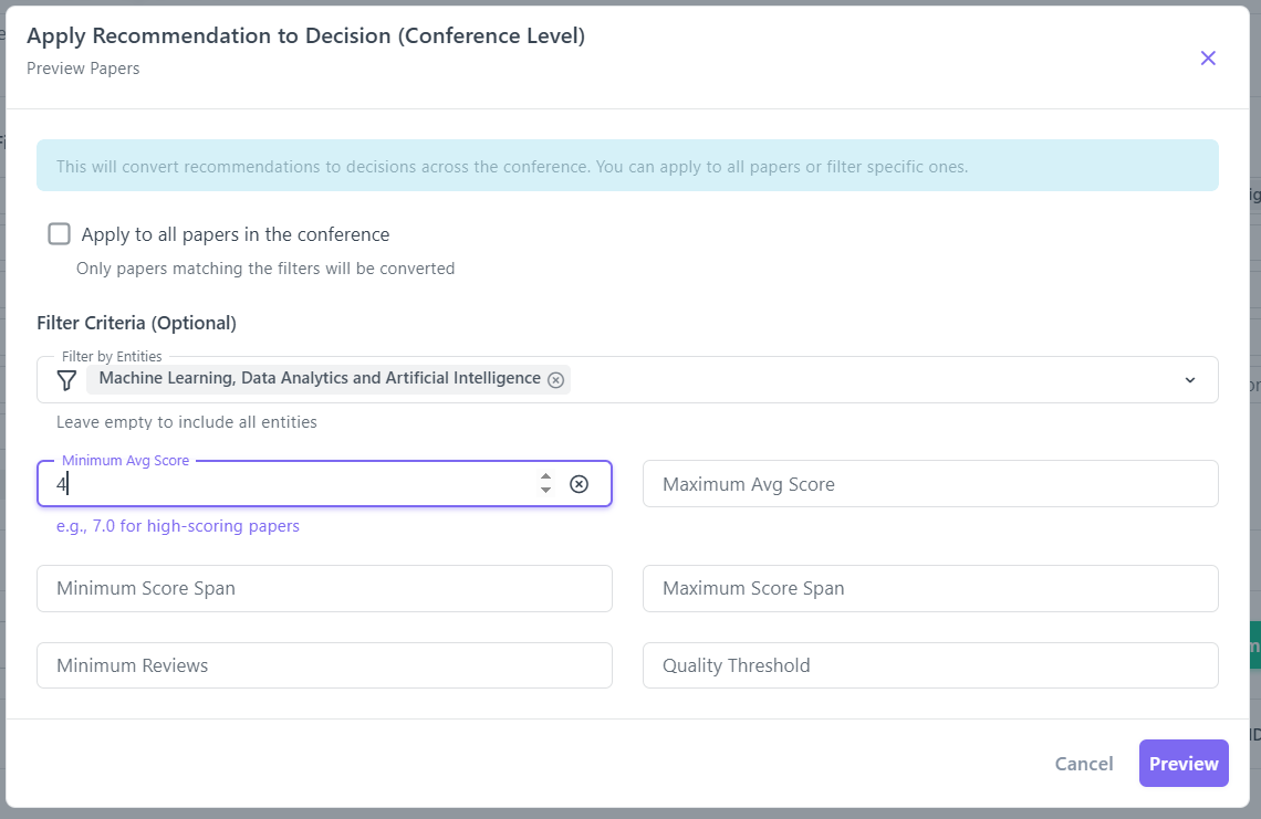 Apply Recommendation to Decision – preview list