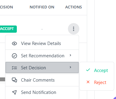 Actions menu – Set Decision / Set Recommendation / Chair Comments