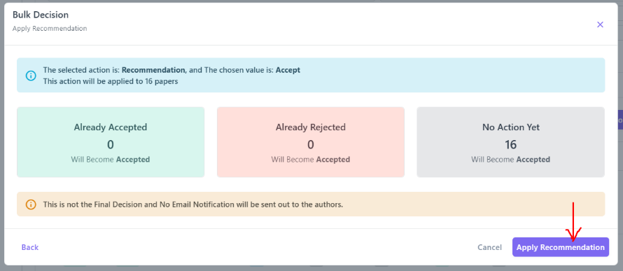 Apply Recommendation – summary and confirmation