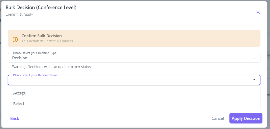 Confirm & Apply – select Decision Type and Value