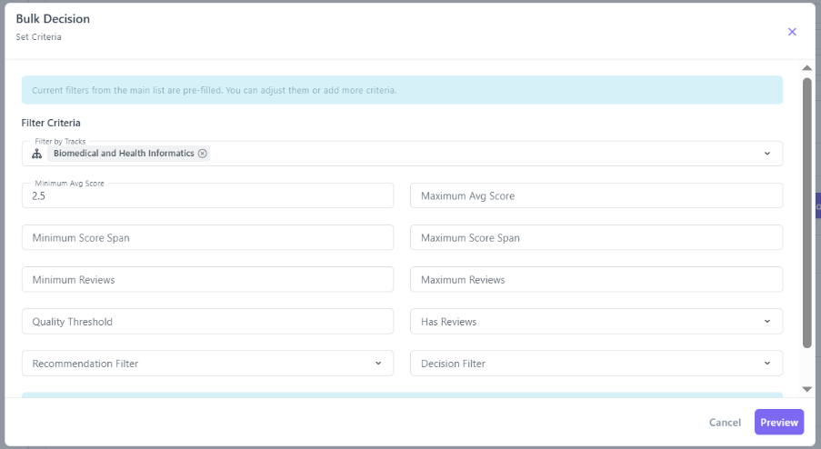 Bulk Decision – Set Criteria window