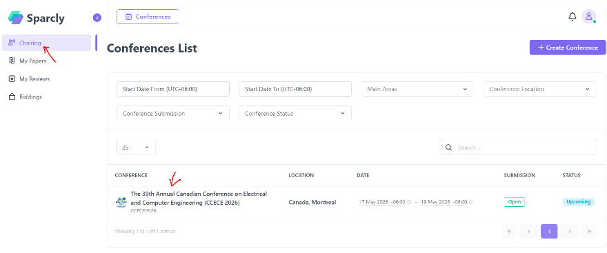 Conferences List – click Chairing then select your conference
