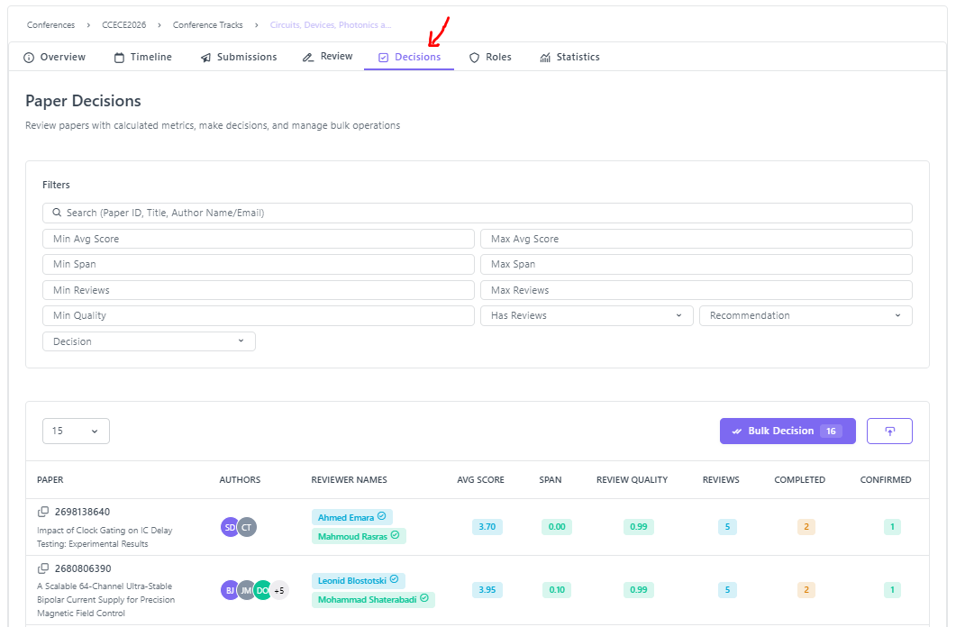 Paper Decisions page with filters and table