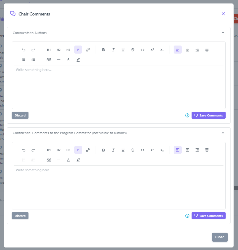 Chair Comments dialog – comments to authors and confidential comments