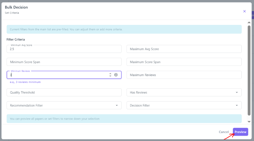 Bulk Decision – Set Criteria window