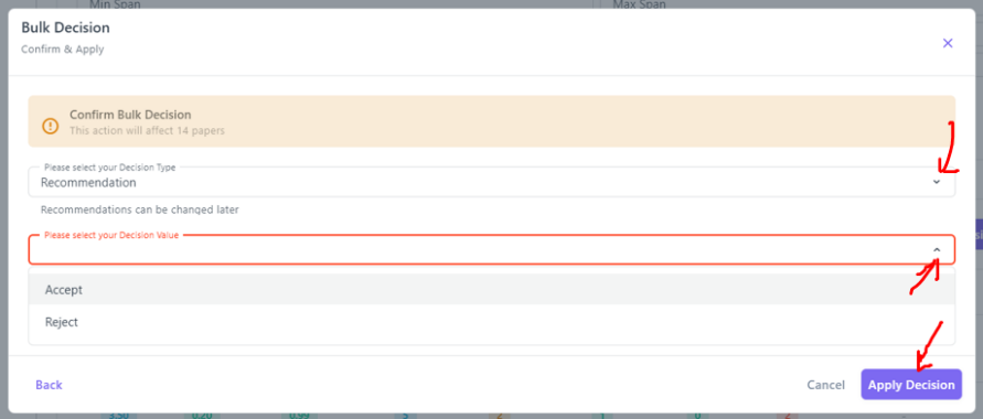 Confirm & Apply – select Recommendation and Decision Value
