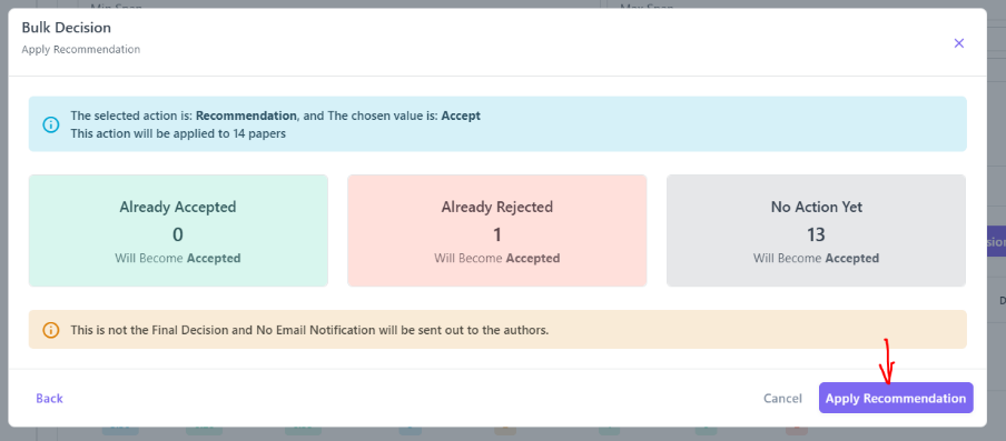 Apply Recommendation – summary and confirmation