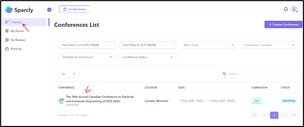 Conferences List – click Chairing then select your conference
