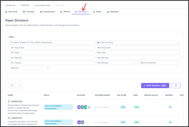 Paper Decisions page with filters and table