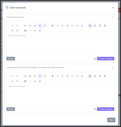 Chair Comments dialog – comments to authors and confidential comments