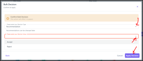Confirm & Apply – select Recommendation and Decision Value