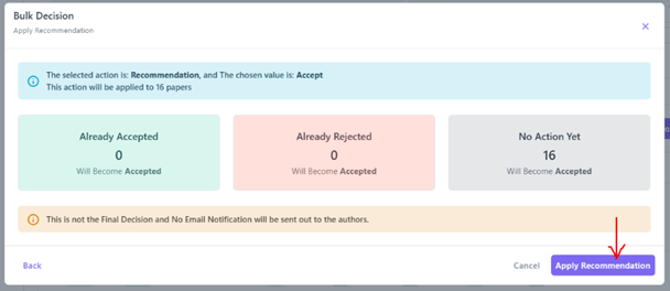 Apply Recommendation – summary and confirmation